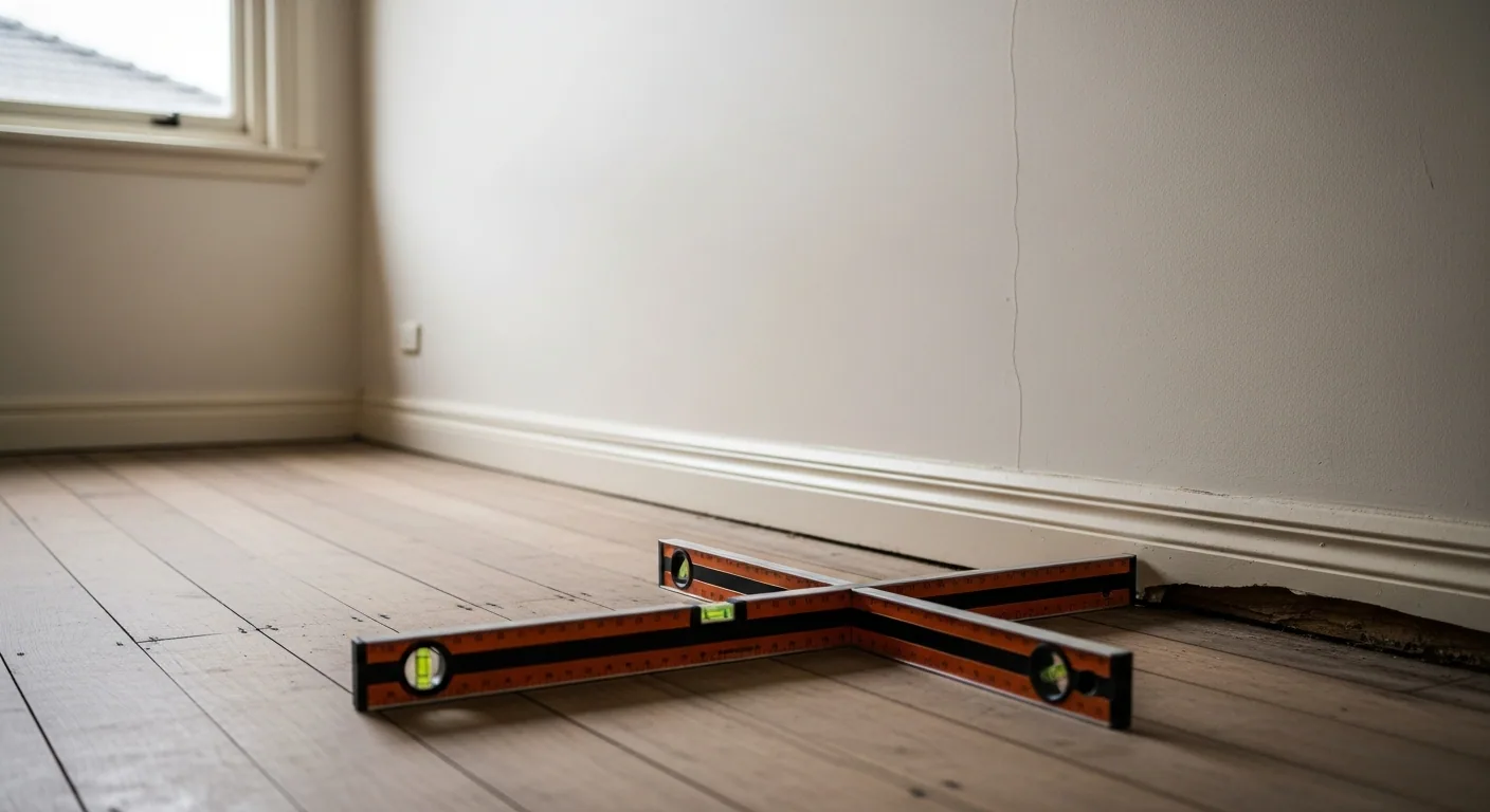 Spirit level on floorboards showing an out-of-level floor with a gap under the skirting