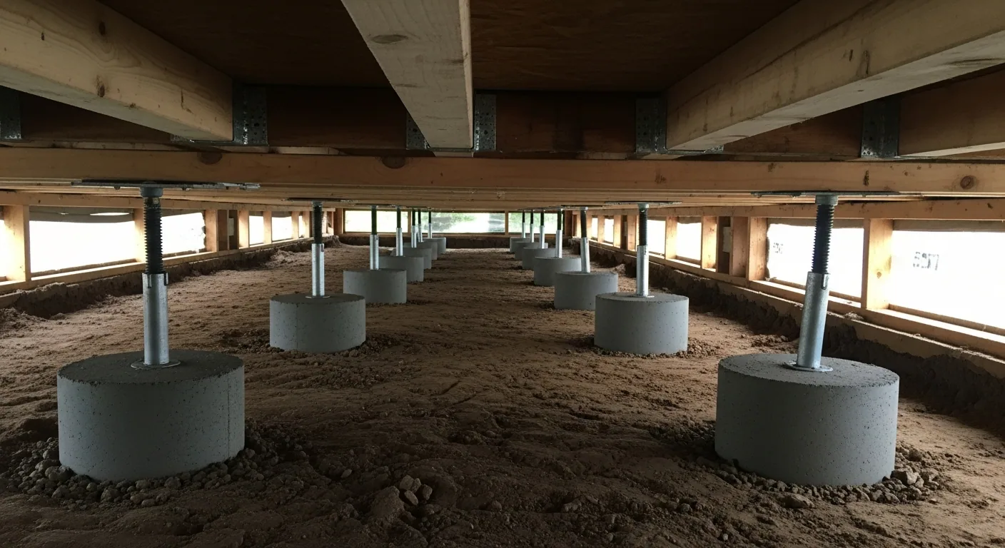 New concrete stumps and steel jacks supporting bearers beneath a weatherboard house