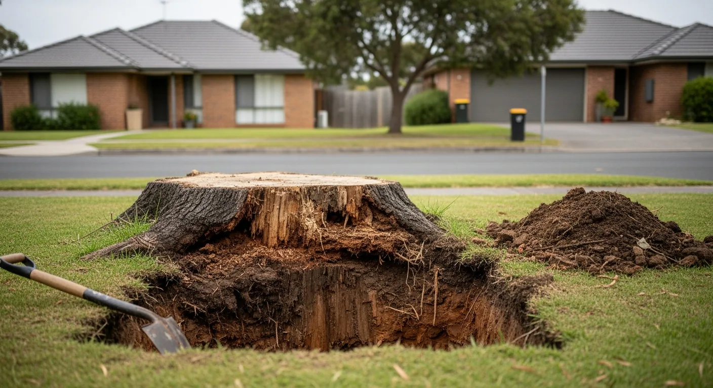 Excavated timber stump showing sound timber above ground and rot below ground level