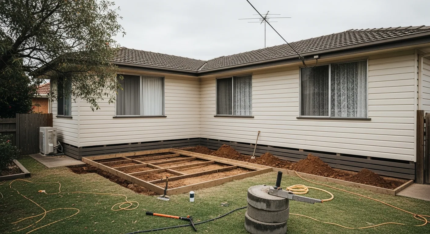 Weatherboard home with subfloor opened for restumping access and new stumps stacked ready