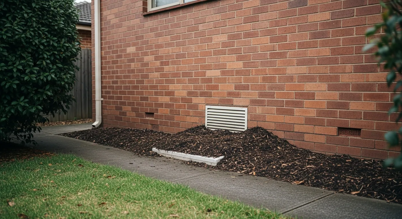 Subfloor vent blocked by built-up soil and an overgrown garden bed