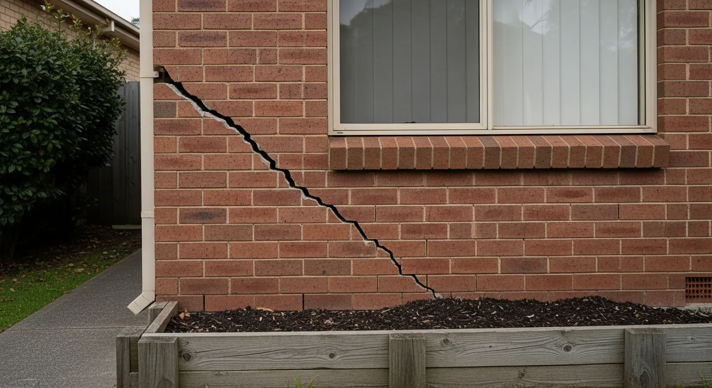 Diagonal stepped cracking through mortar joints in a brick wall, wider at the top