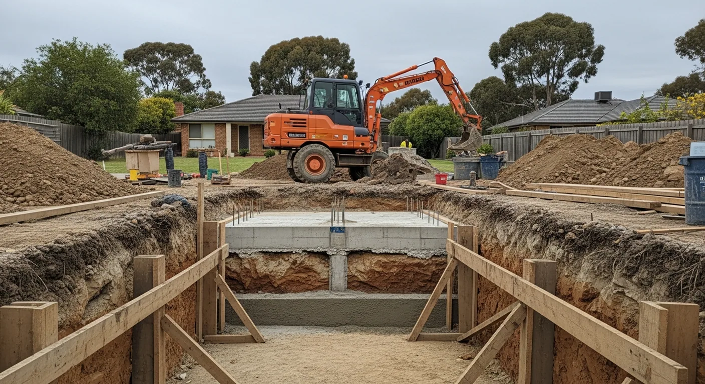 Excavated underpinning pit with new concrete placed beneath the existing footing