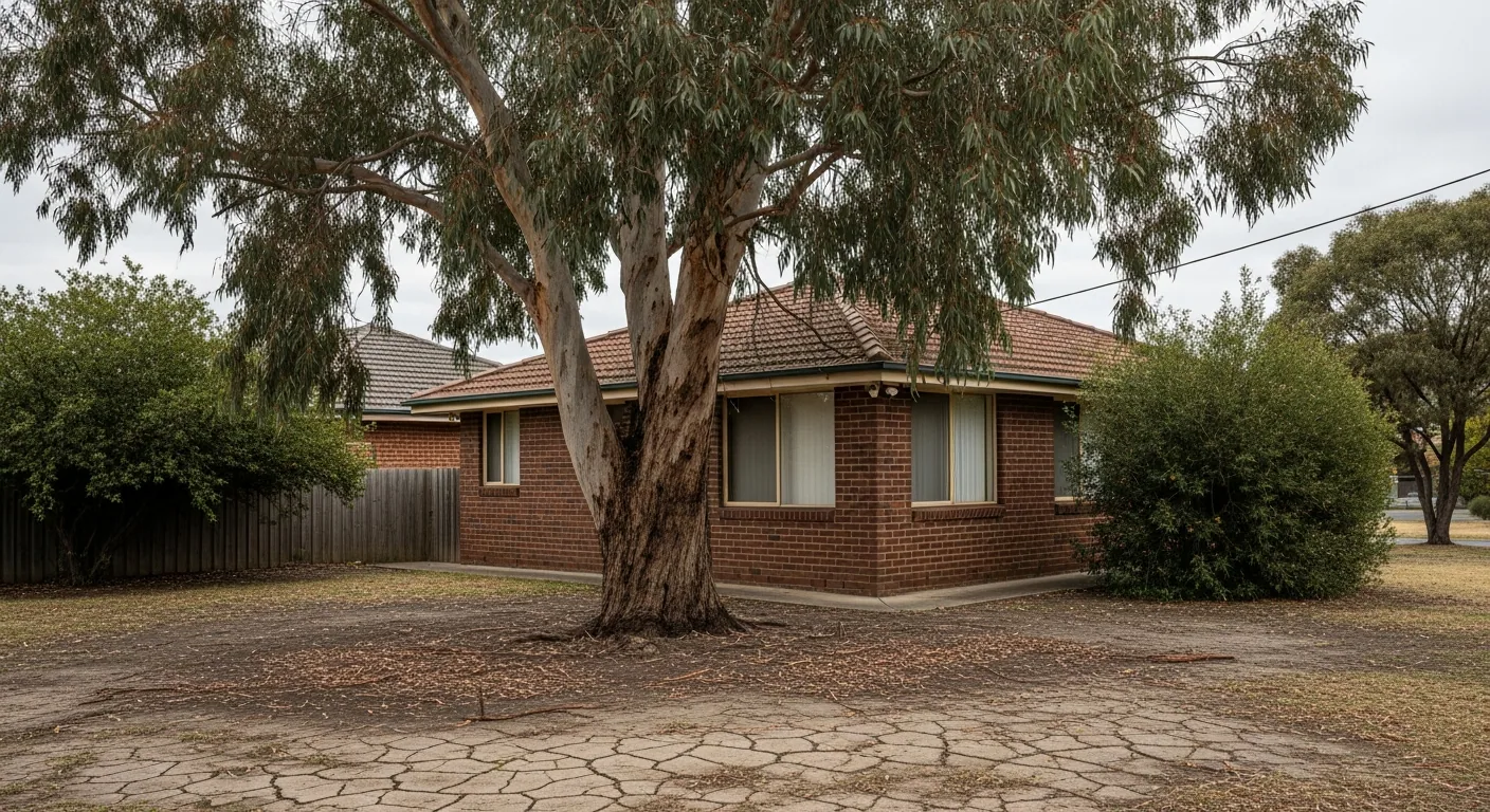 Mature eucalypt beside a house corner with dry cracked clay soil at its base