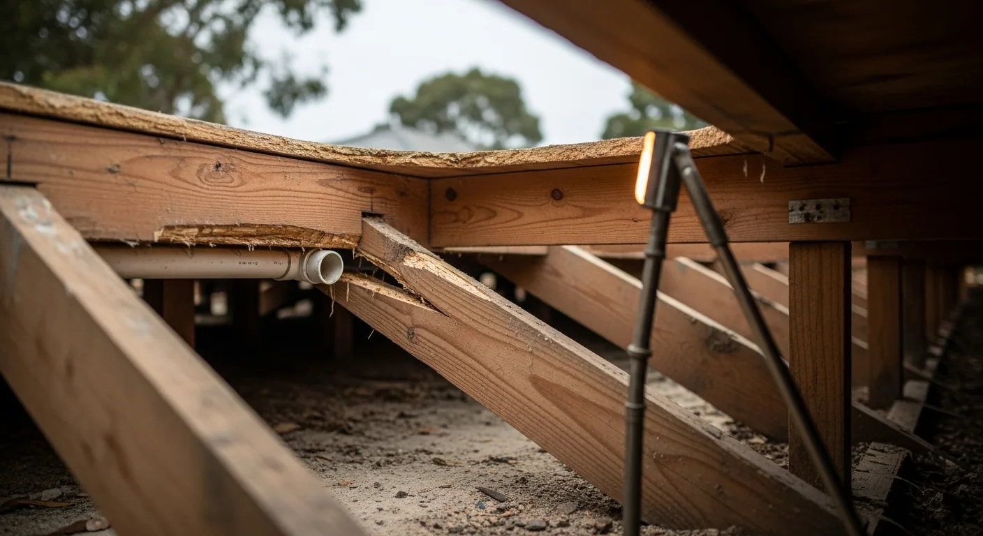 Floor joist notched and weakened where a pipe passes through, viewed from the subfloor