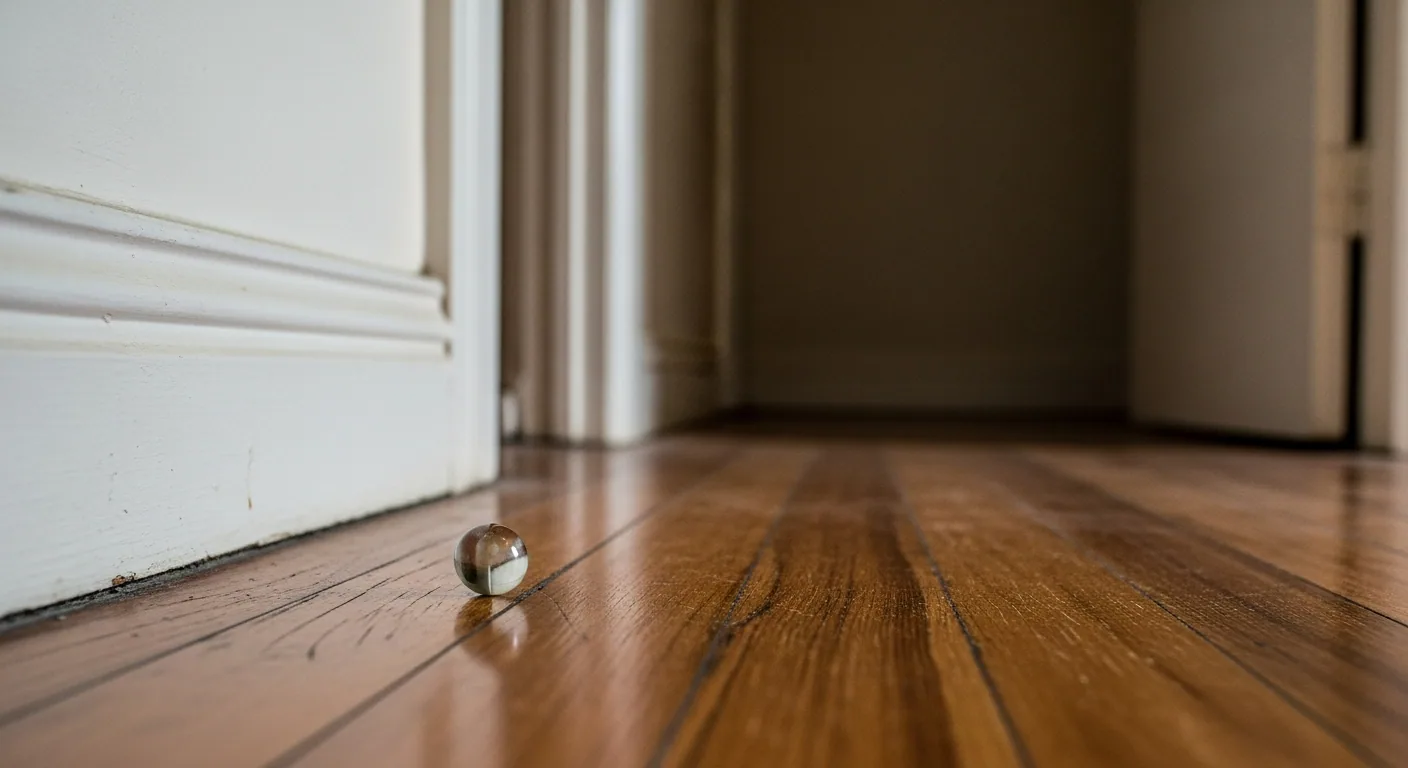 Marble rolled to one side of a room on sloping timber floorboards