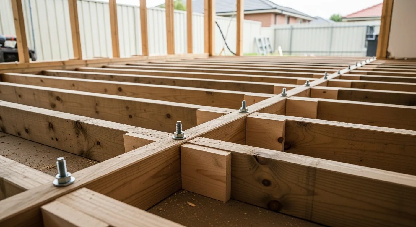 New joists sistered alongside the originals with fresh blocking installed between them